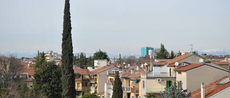 Zona residencial con tejados de tejas de arcilla, un alto y destacado ciprés y una cadena montañosa distante.