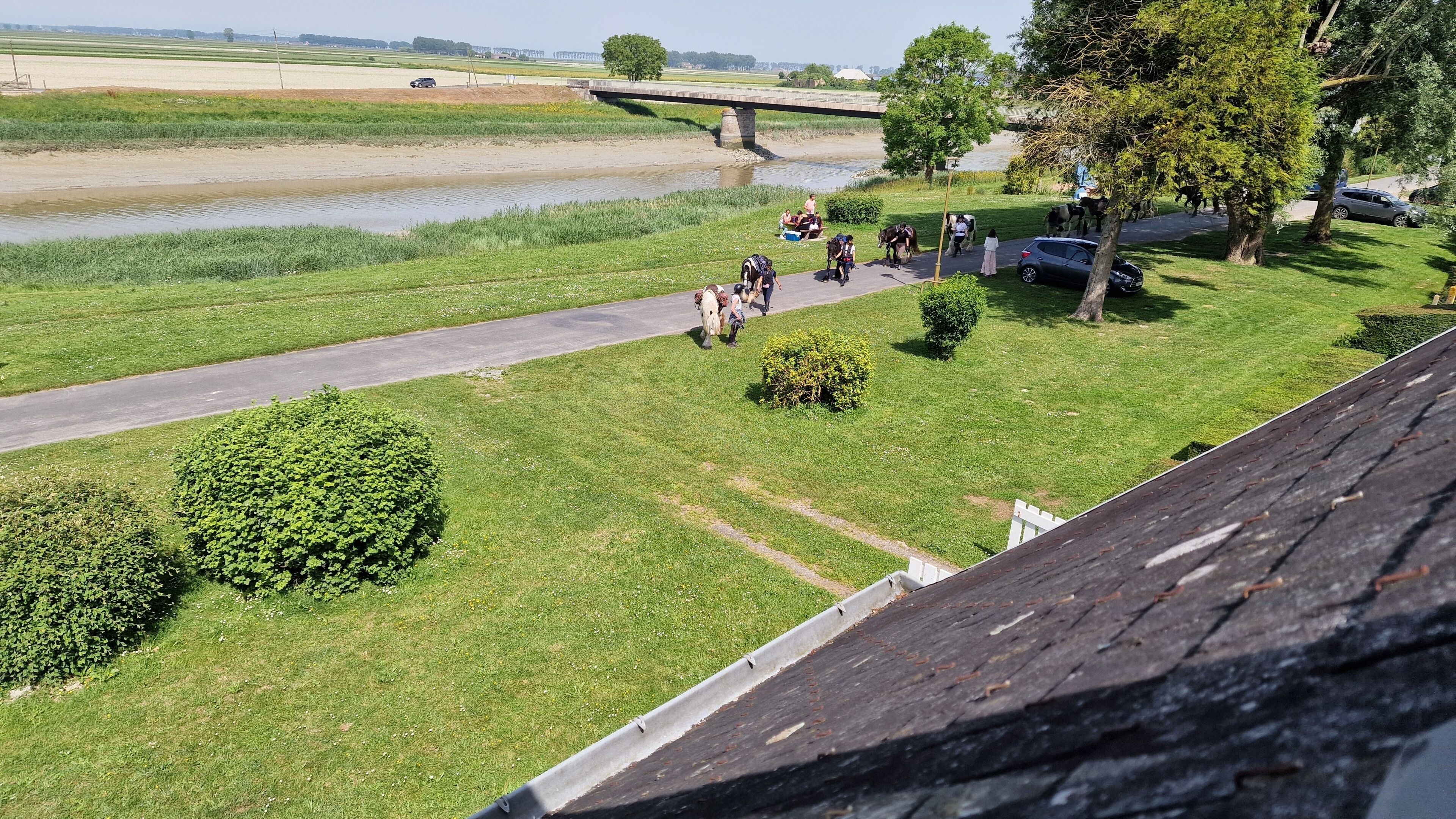 A riverside view with a bridge, grassy areas, and a paved path.