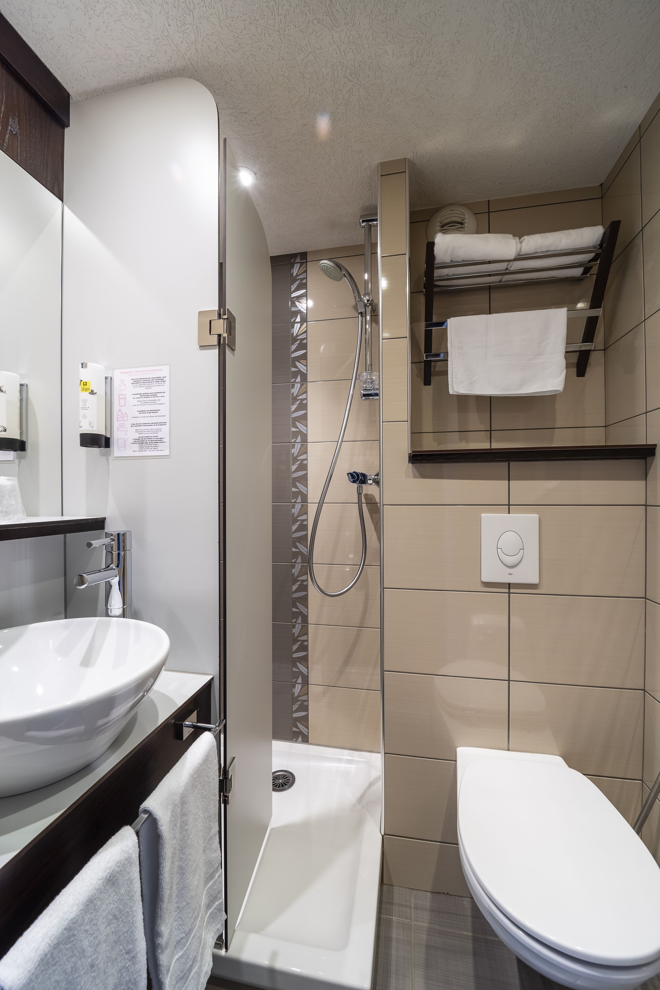 shower, eco-friendly toiletries, hair dryer, towels