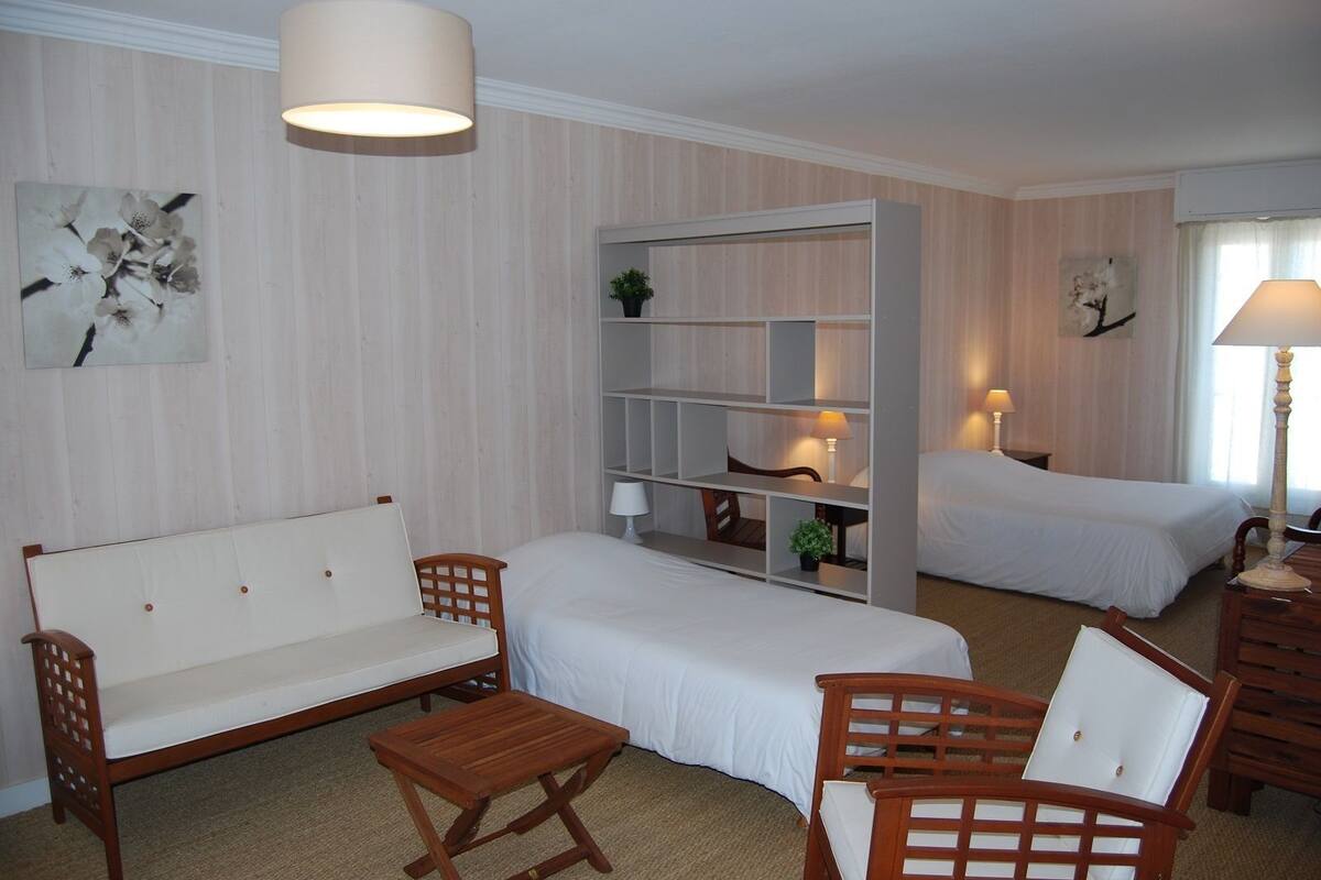 Habitación de hotel con sofá, una mesita, una silla de madera, cama y estantería empotrada.