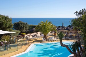 Outdoor pool, pool umbrellas, pool loungers