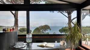 Una mesa con vista al mar, una planta en maceta y un libro.