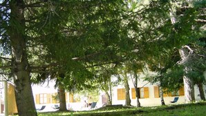A row of white buildings with yellow shutters, surrounded by trees and greenery. - Europa (Bardonecchia)