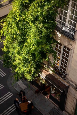 An aerial view of a street with a tree, a sidewalk, and a building with a balcony. - Hôtel des Deux-Iles - Notre-Dame (Paris)