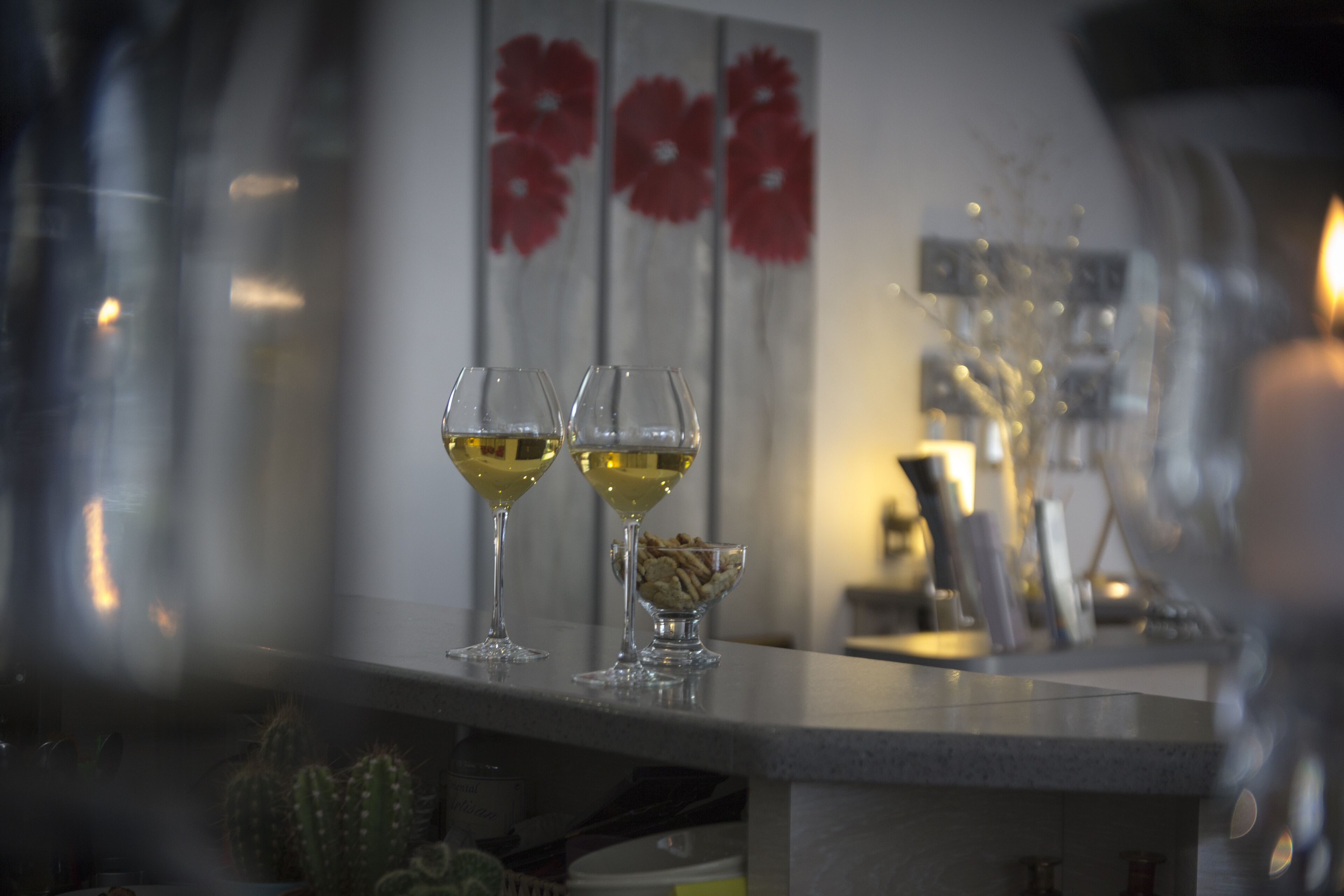 En bar med to glas hvidvin, en skål nødder og en kaktus.