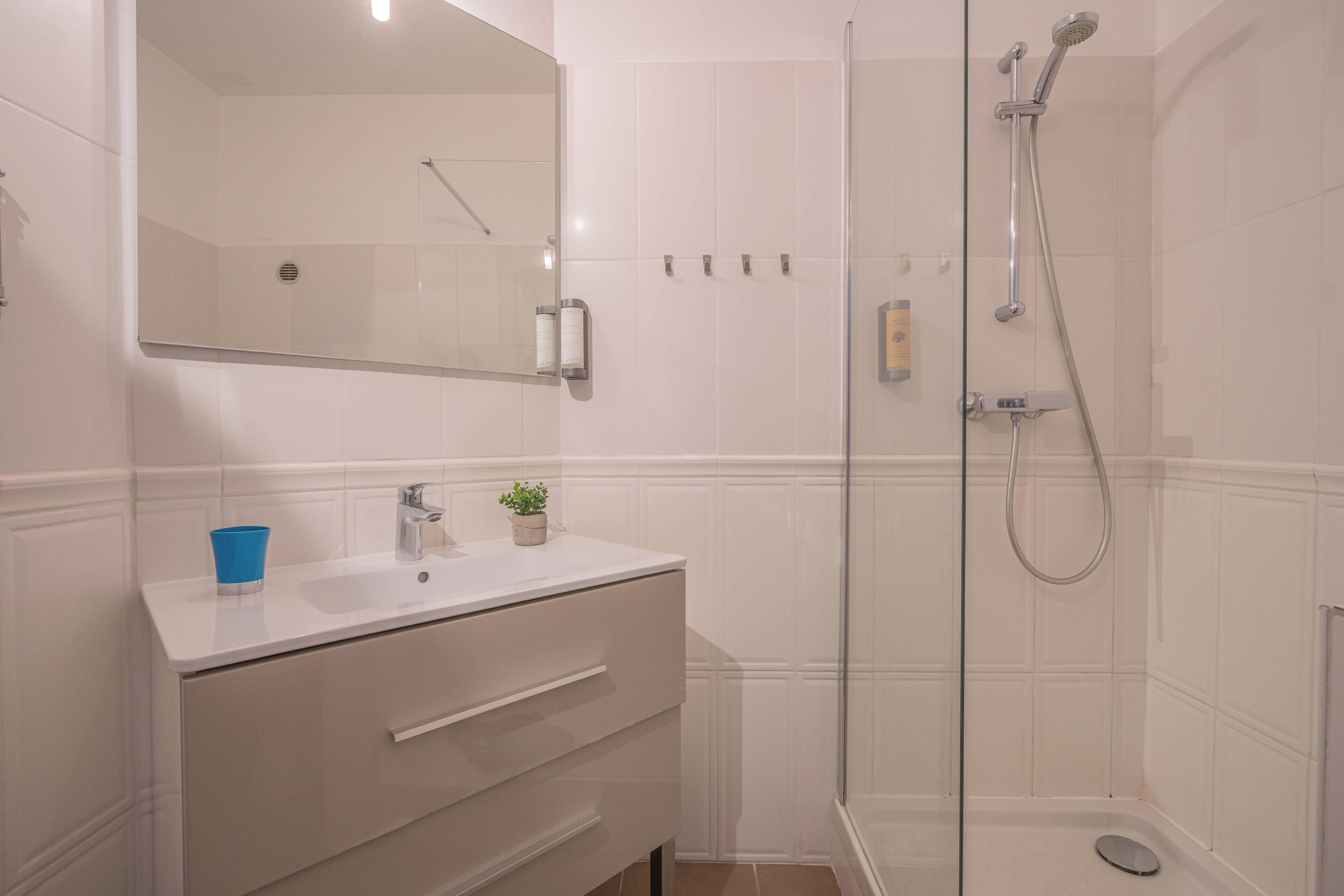Un bagno con box doccia in vetro, un lavandino bianco e uno specchio sopra il mobile.