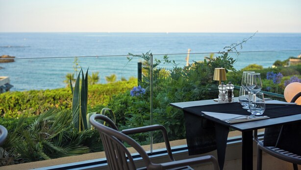 Mesa de jantar com cadeiras, vista para o oceano e vegetação.