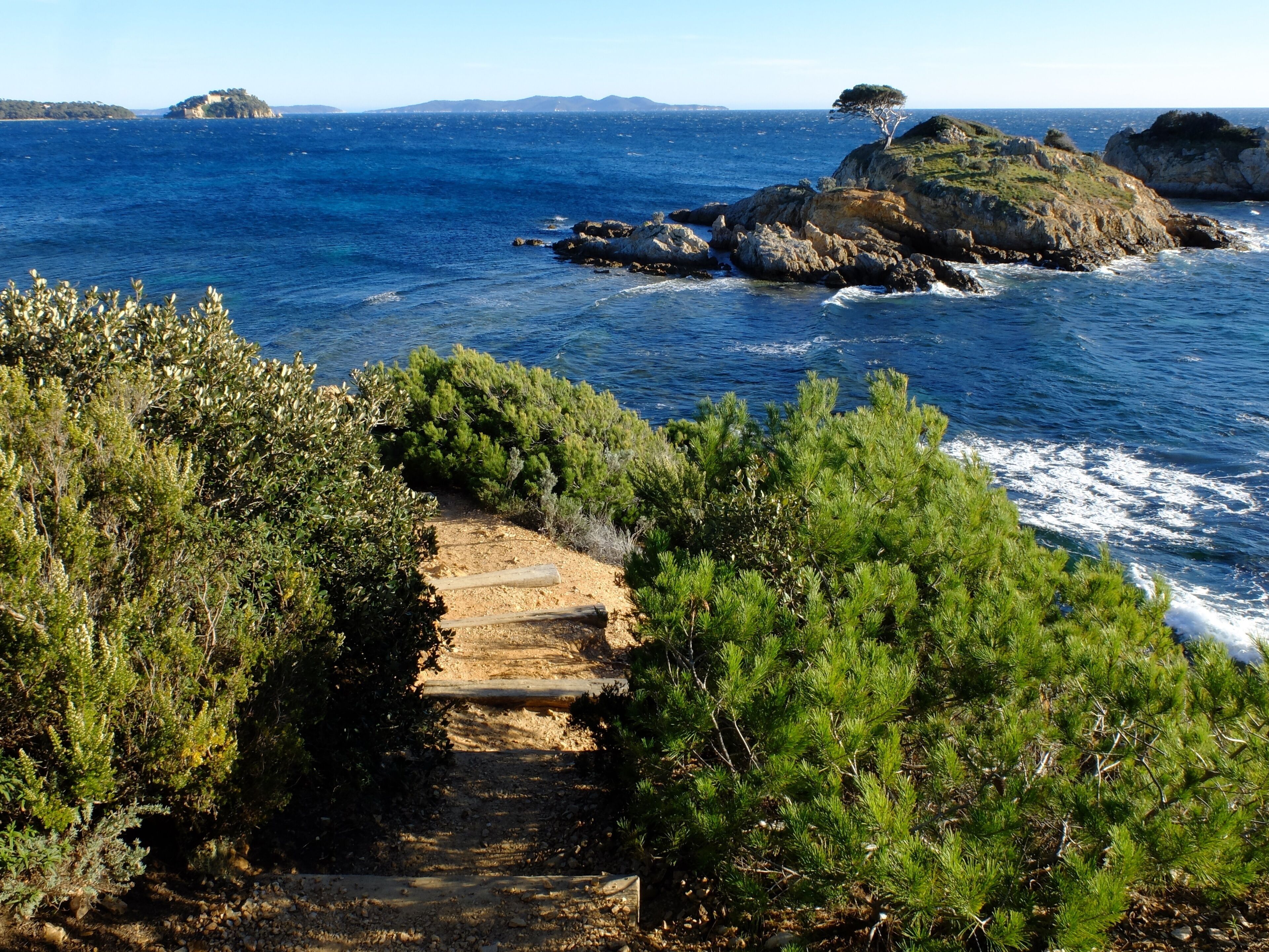 A coastal path with rocky terrain and dense greenery, leading to the sea.