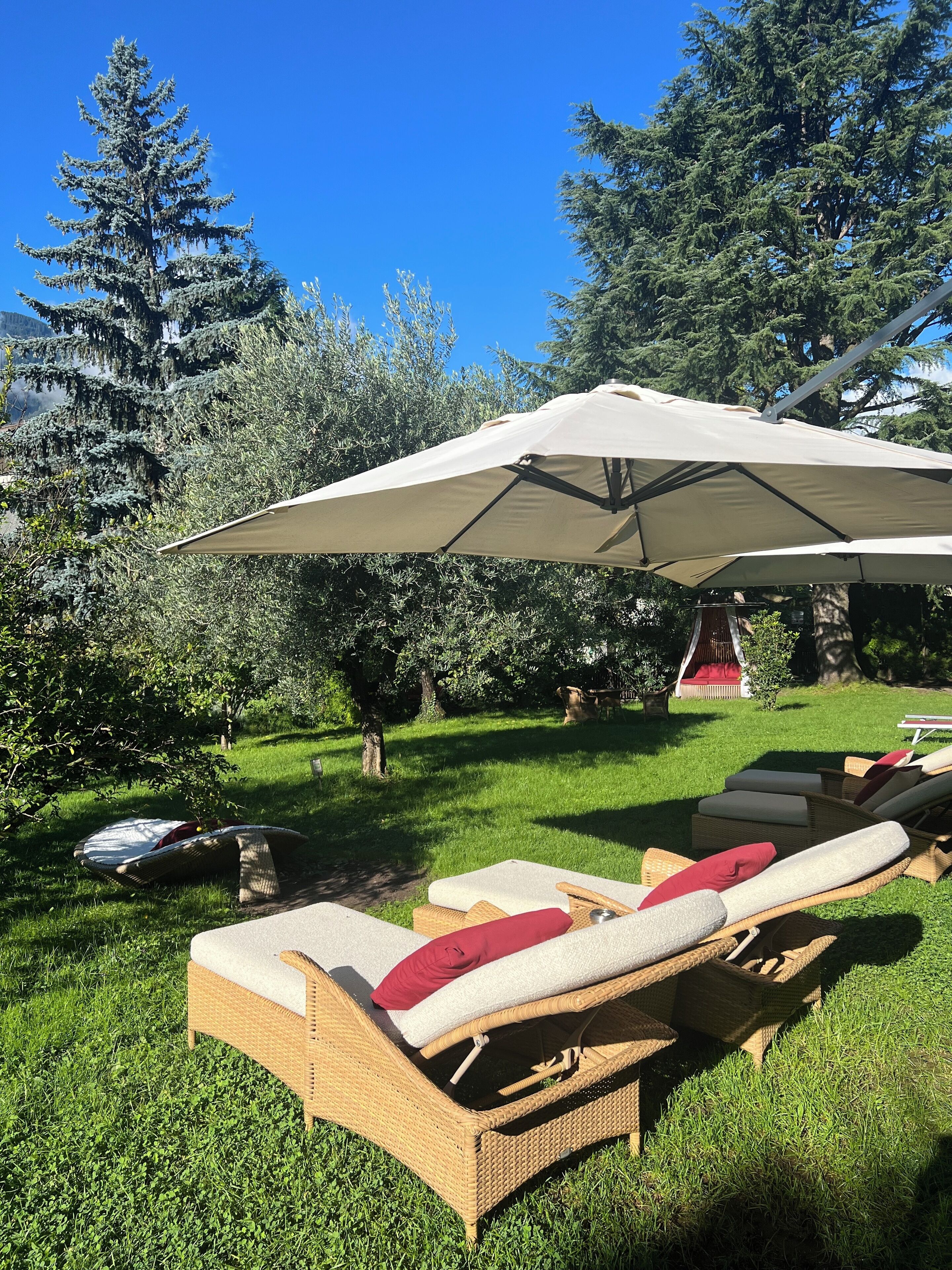 Un espace extérieur verdoyant, avec des fauteuils de jardin en osier et un grand parasol offrant de l’ombre.