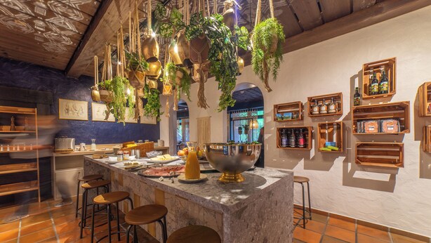 A bar area with a marble countertop, hanging plants, and wooden shelves with bottles.