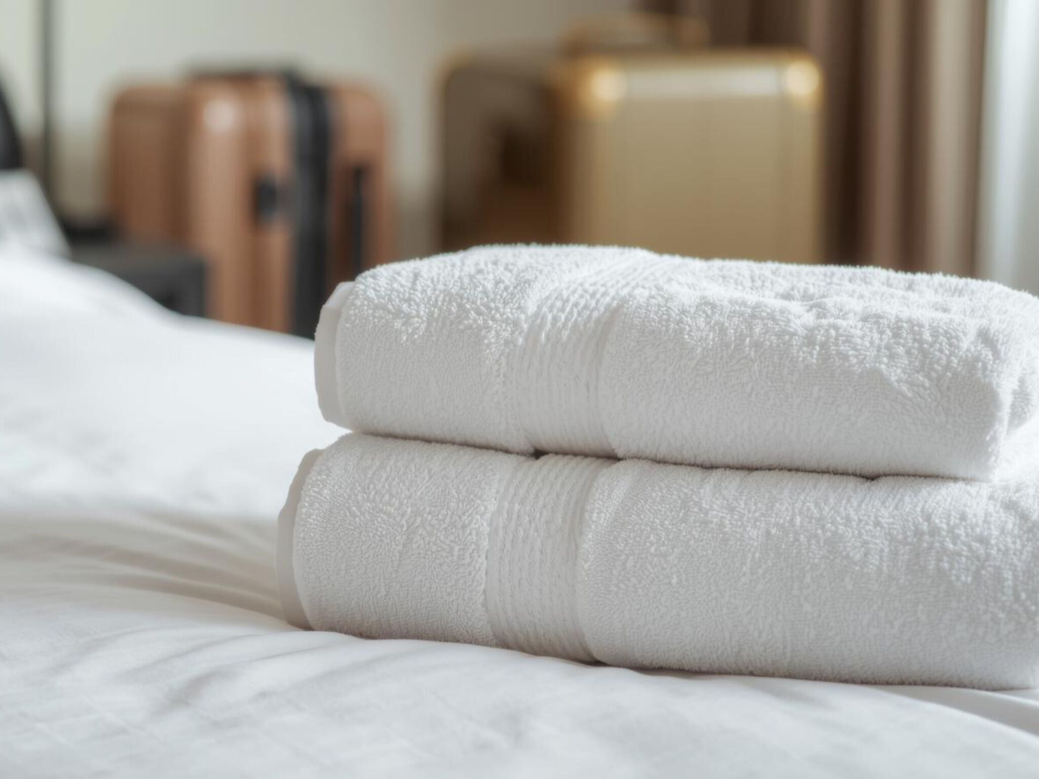 Una toalla blanca doblada ordenadamente sobre una cama.