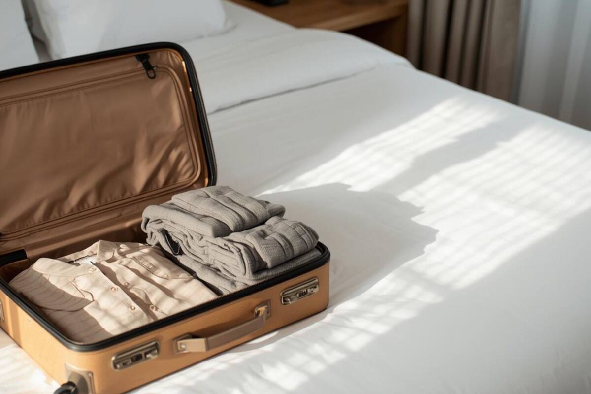Une valise remplie de vêtements, posée sur un lit.