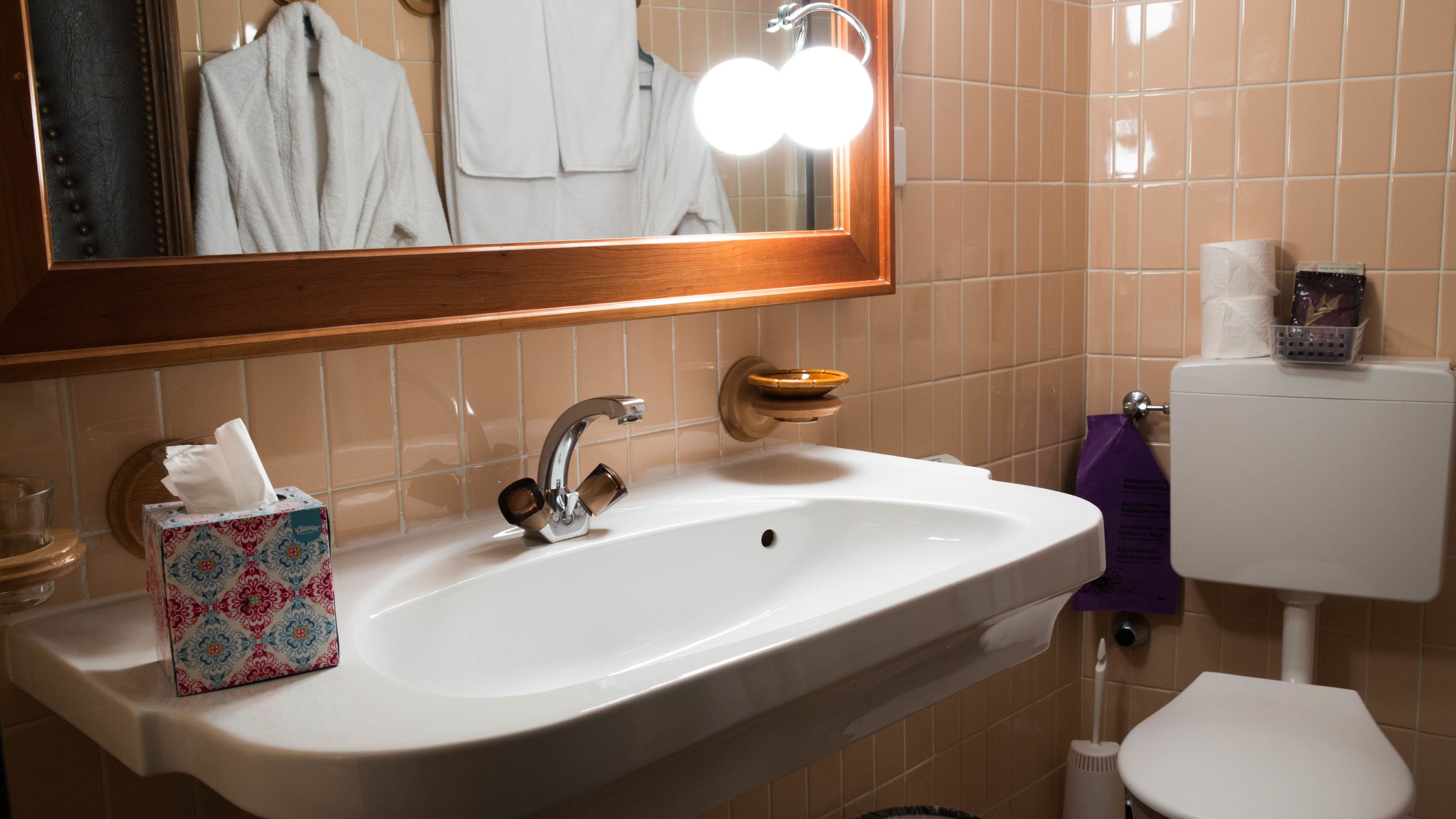 Ein Badezimmer mit weißem Waschbecken, einem Spiegel, einem Handtuchhalter, einer Toilette und einem Papierkorb.