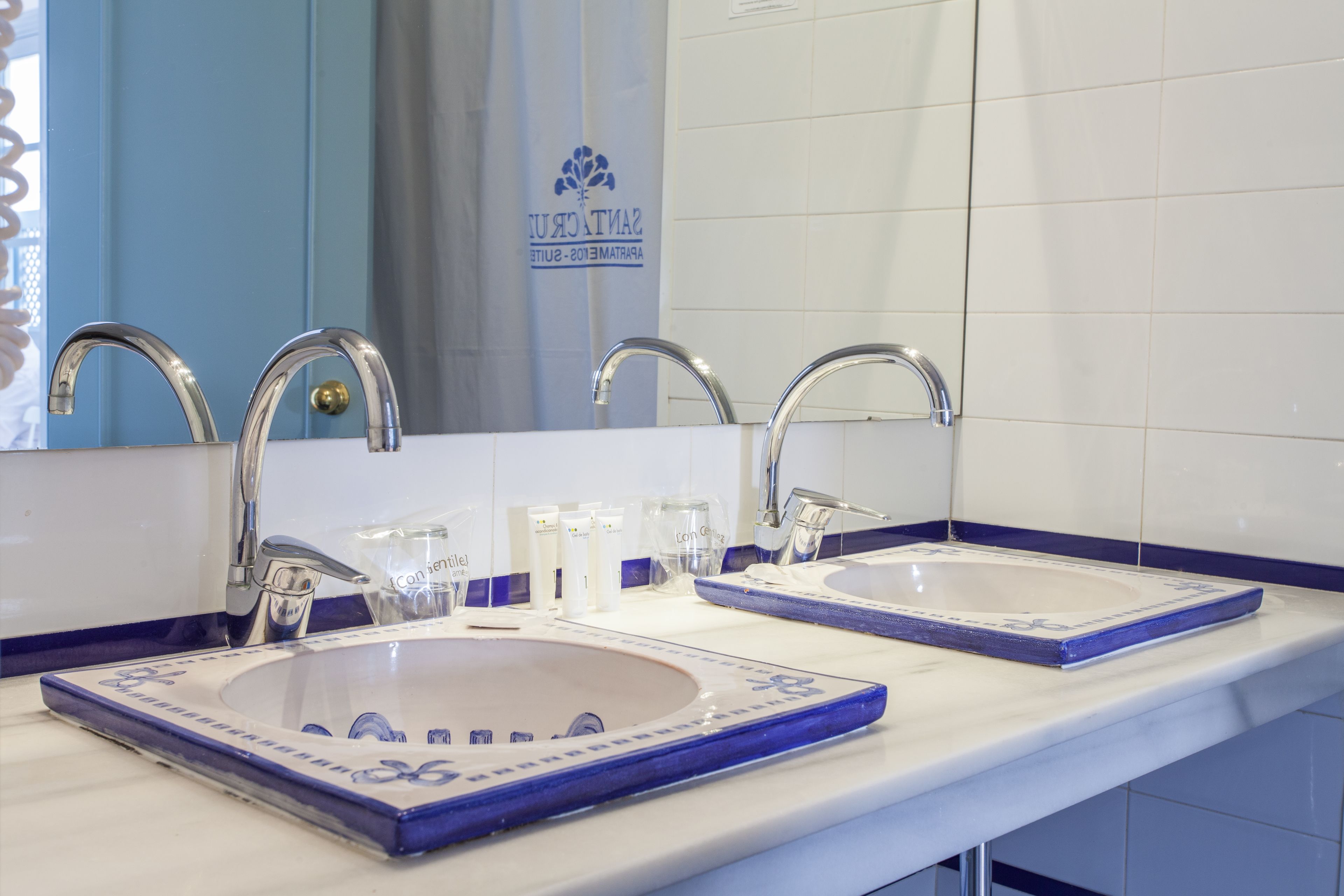 A bathroom with two sinks, each with a blue and white ceramic basin, and a mirror above.