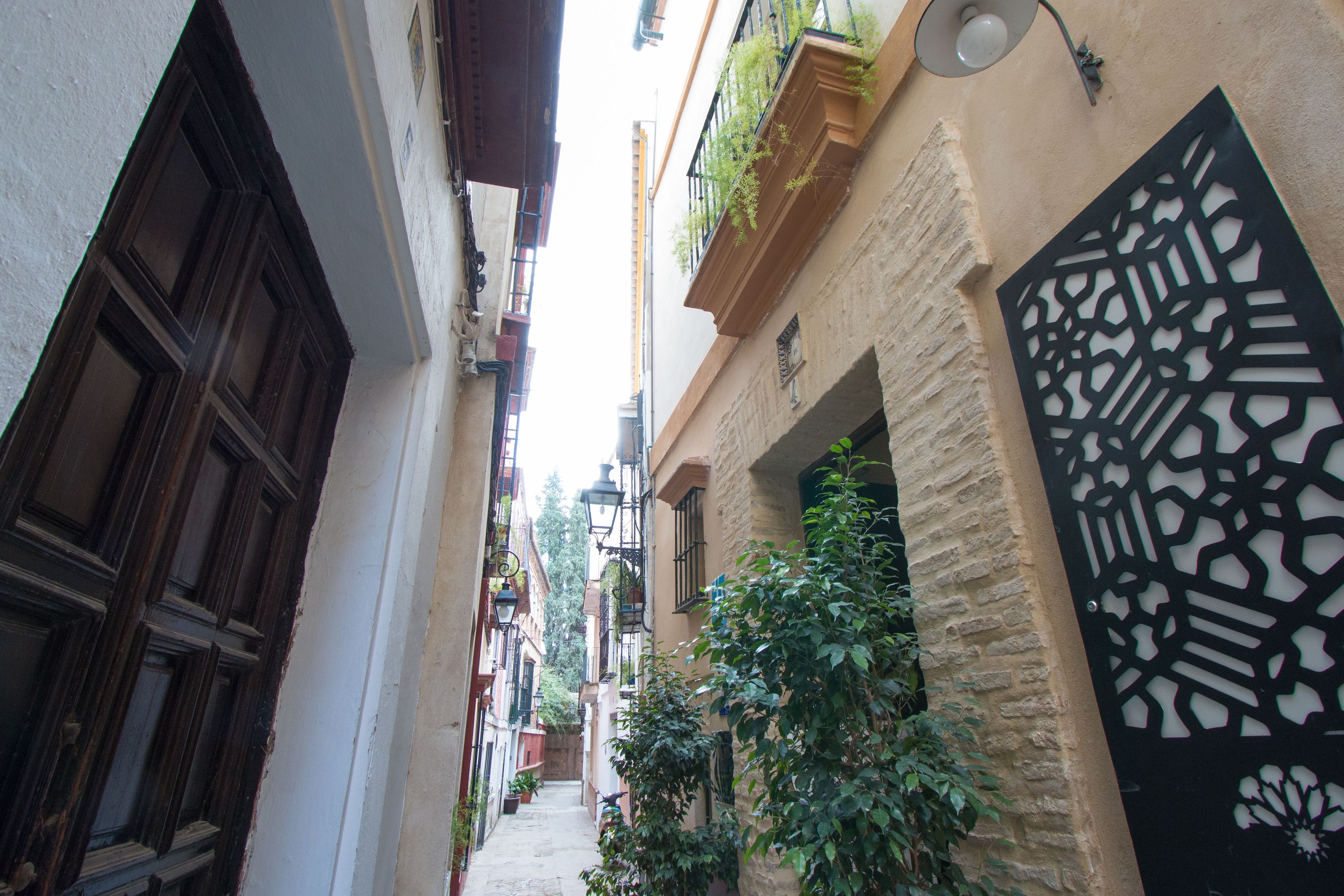 A narrow alleyway with buildings on either side, featuring wooden shutters, stone walls, and a decorative metal gate.