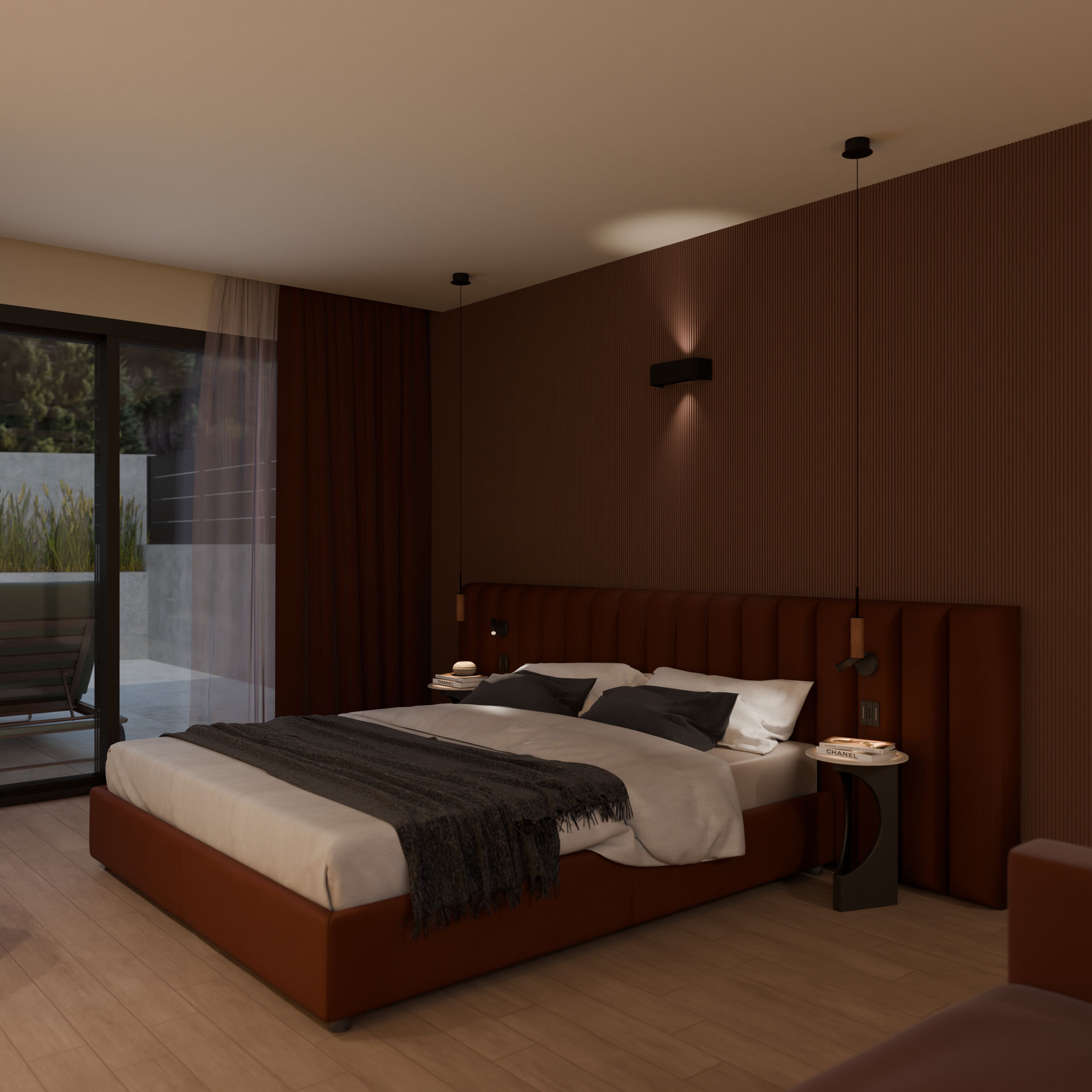 Ein modernes Schlafzimmer mit einem großen Bett, einem Nachttisch und einem Ausblick durch eine Glastür.
