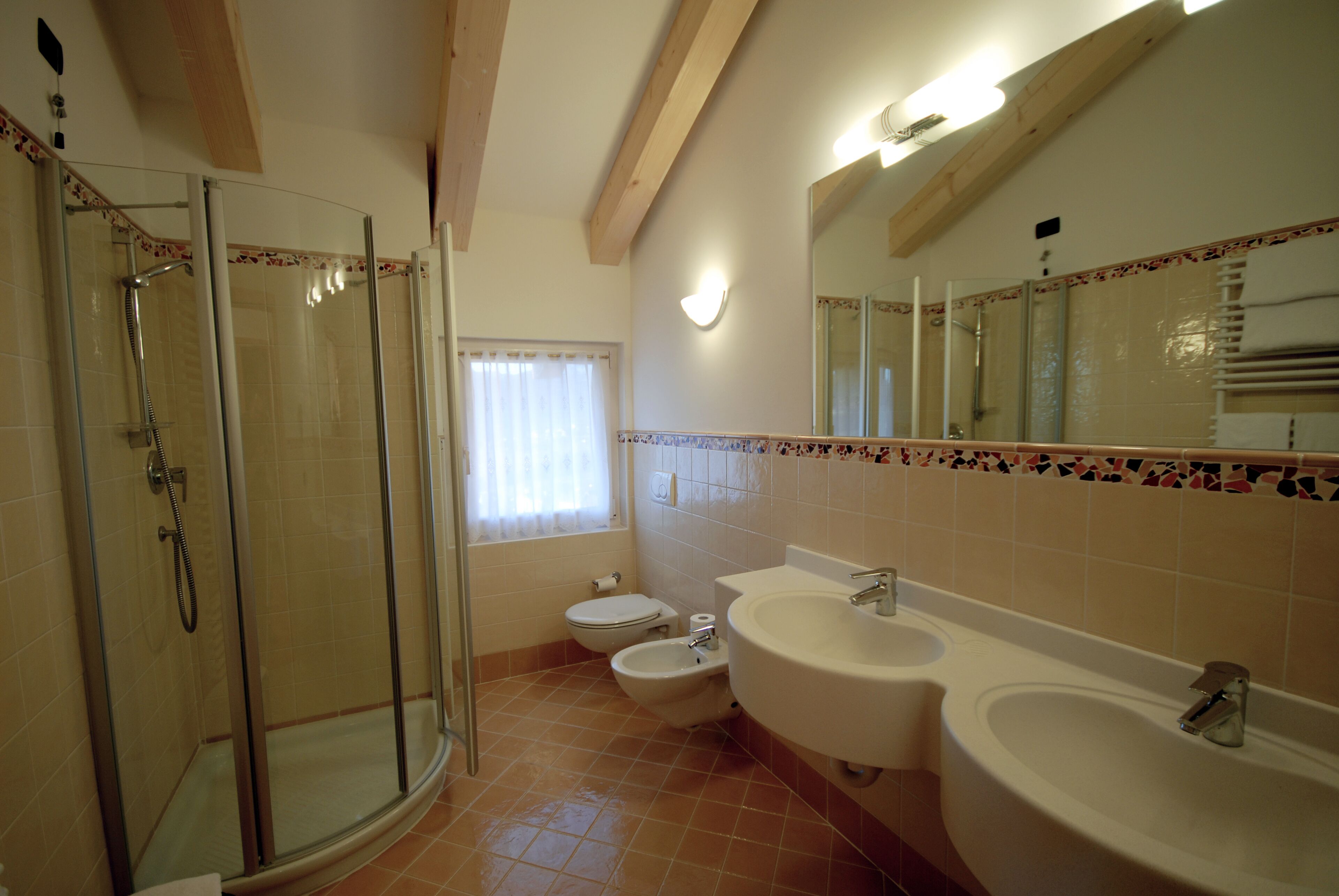 A bathroom with a glass-enclosed shower, two sinks, a toilet, and a mirror.