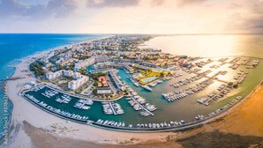 Vista aérea de una ciudad costera con un puerto deportivo, edificios y una playa.
