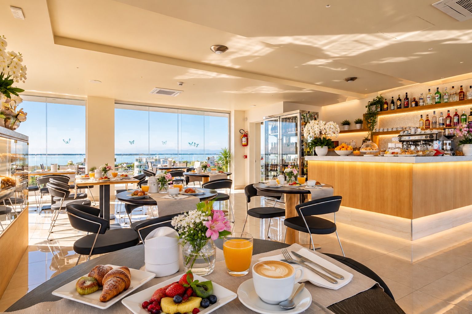 Un espace de restauration moderne, avec des tables, des chaises et un bar offrant une vue panoramique.