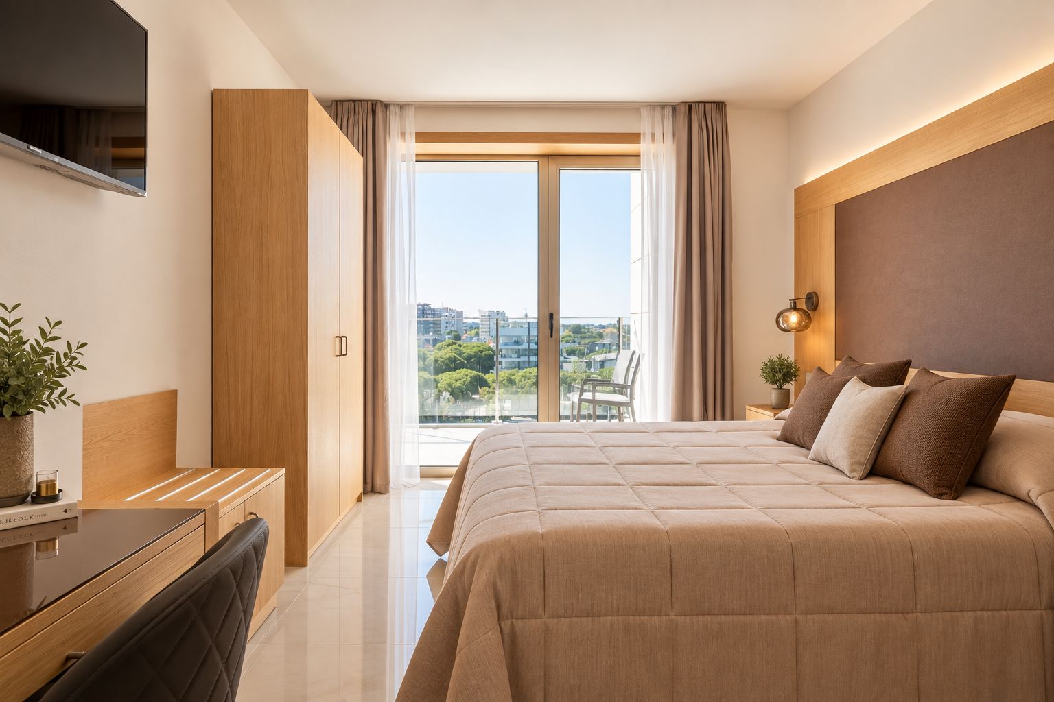 A modern bedroom with a large bed, a desk, and a view of the city through the window.