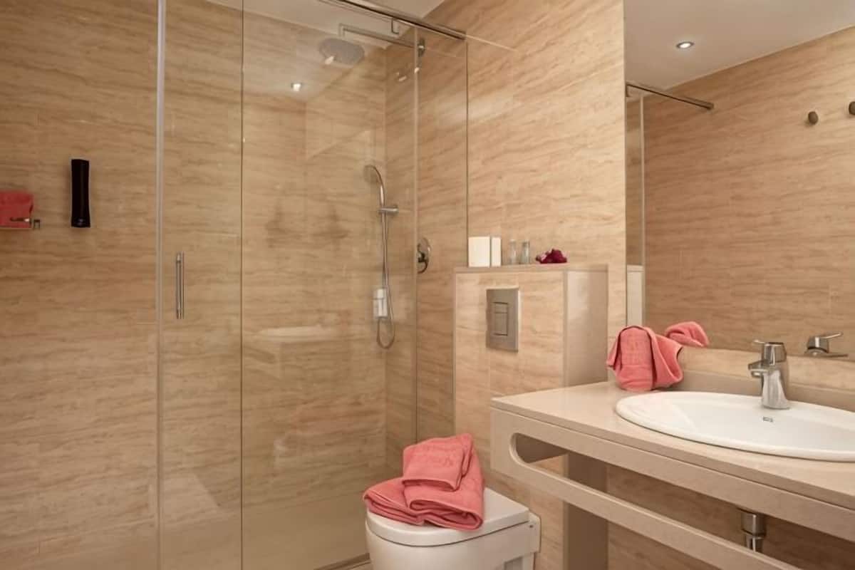 A modern bathroom with a glass-enclosed shower, a white sink, and a mirror.