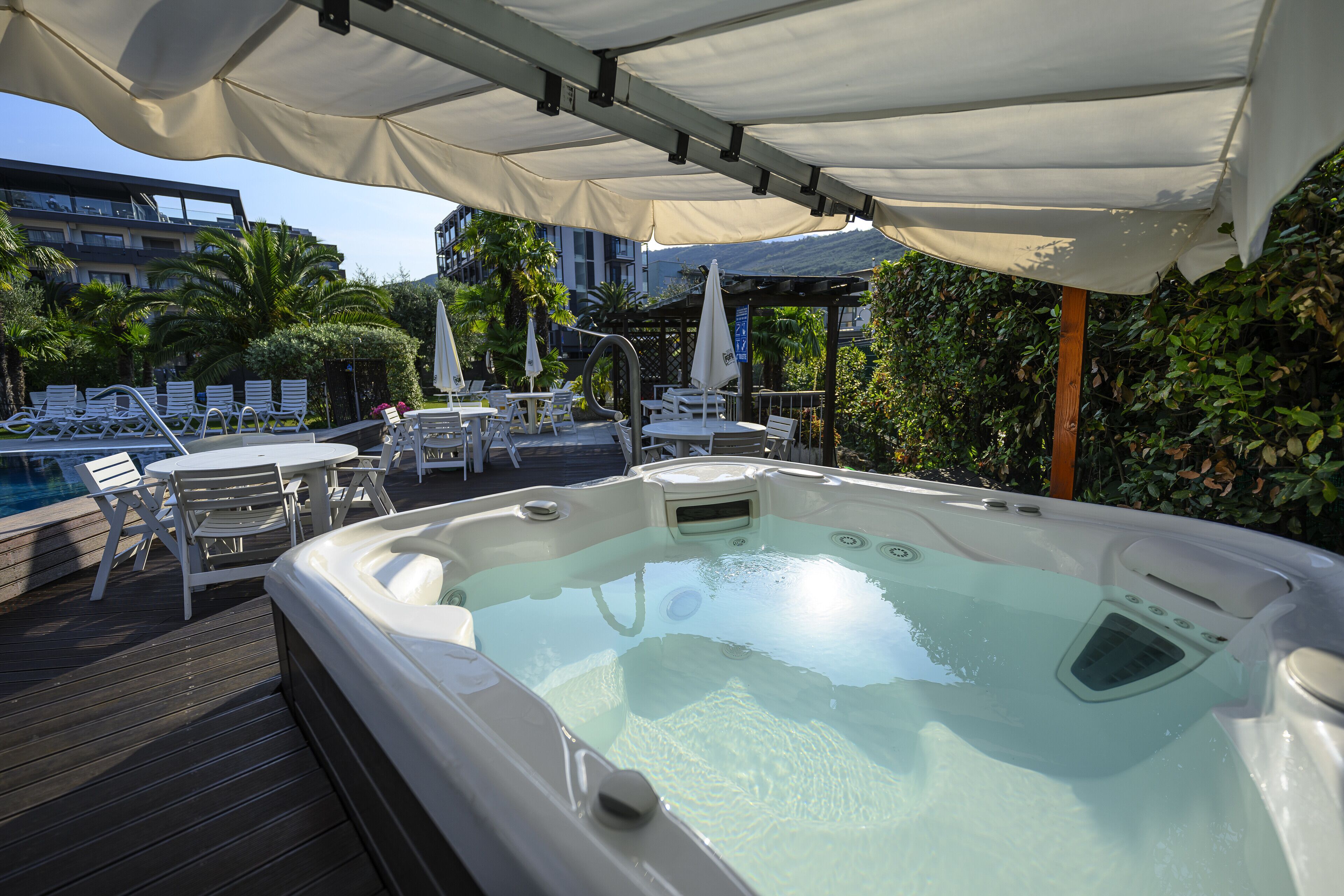 outdoor pool, pool umbrellas