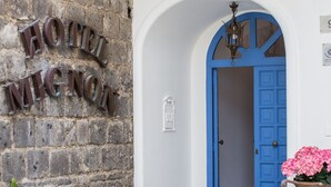 A hotel entrance with a stone wall, a blue door, and a potted plant. - Mignon Meublè (Sorrento)