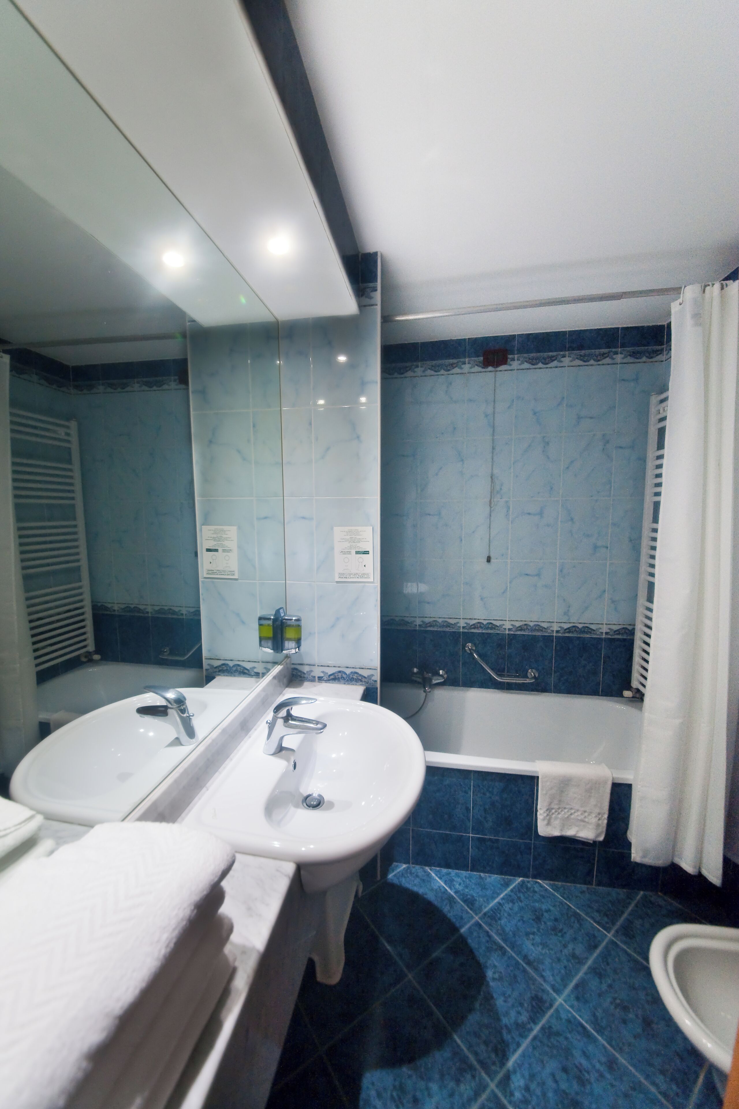 Een badkamer met twee wasbakken, een badkuip en een douche.