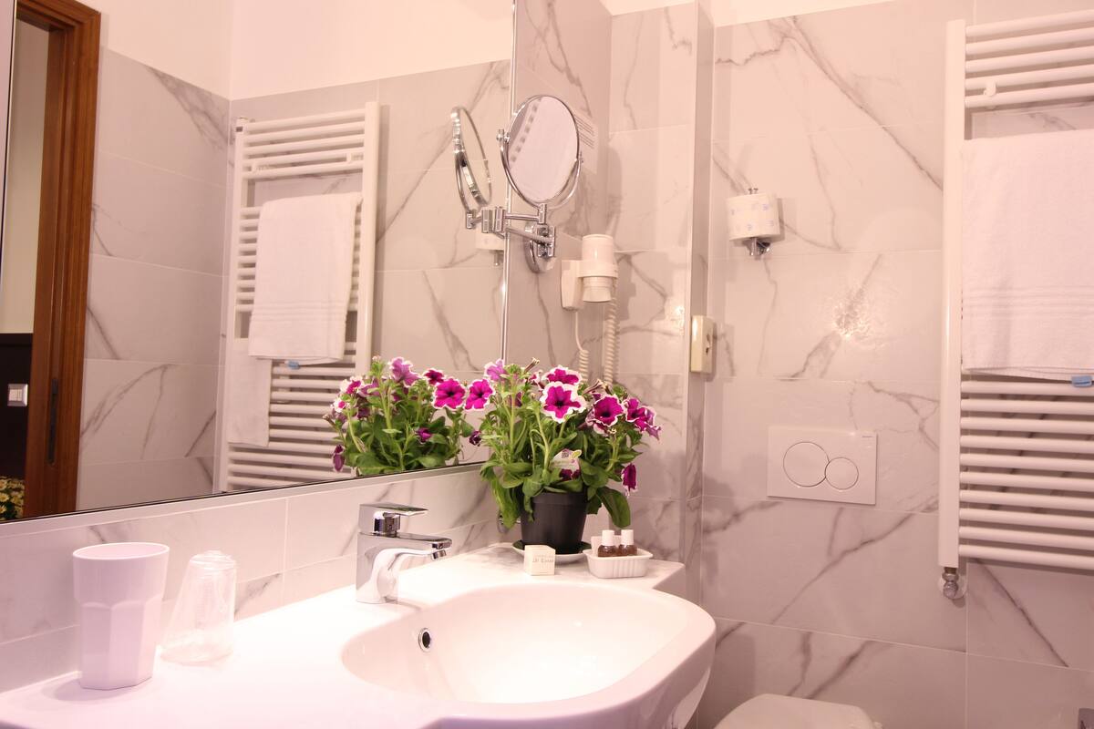 shower, free toiletries, bidet, towels