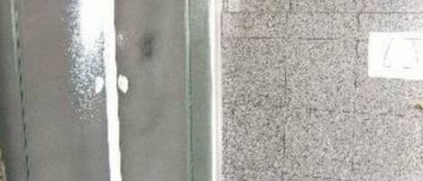 A bathroom with a glass-enclosed shower, two toilets, and a tiled wall.