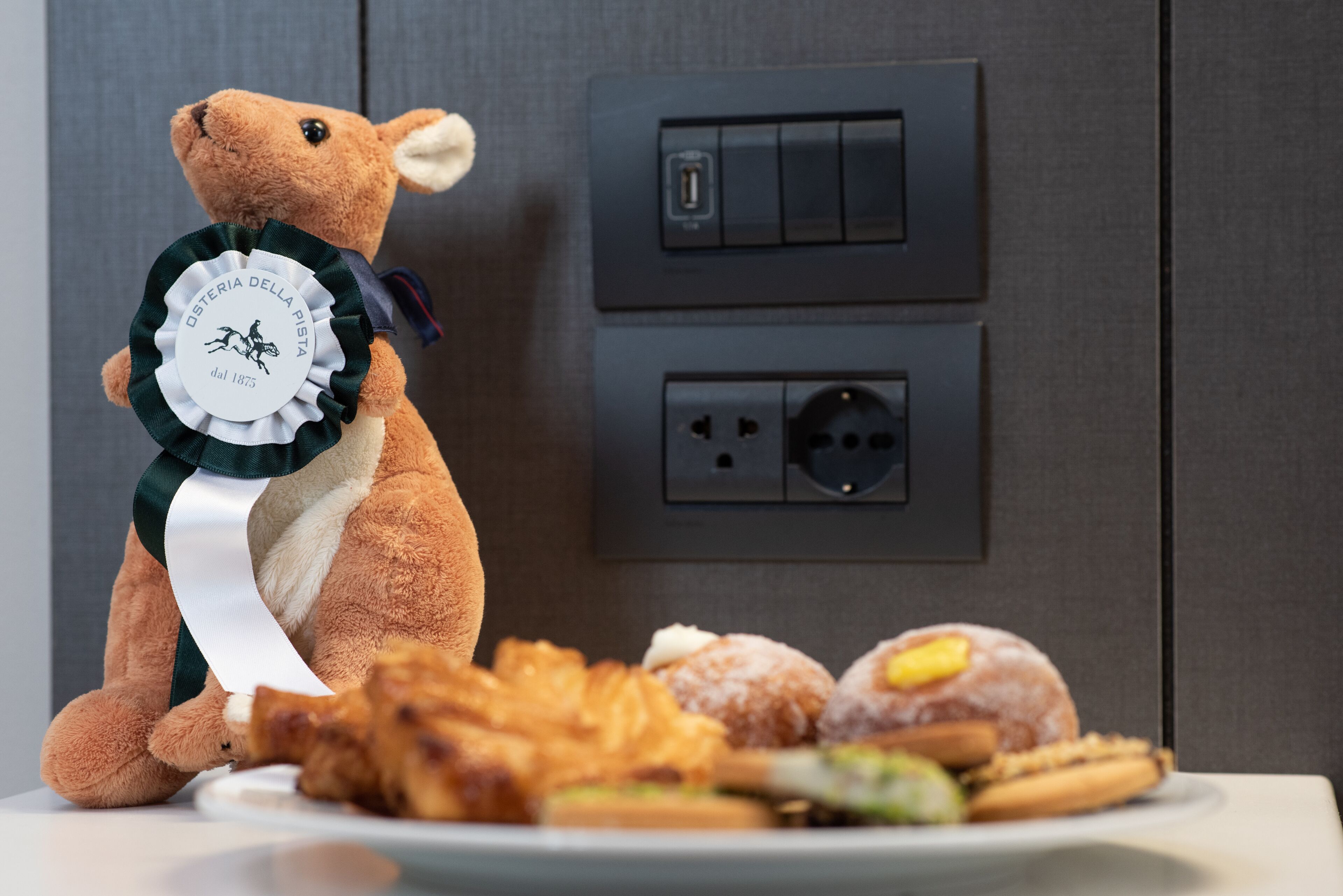 Un jouet en peluche avec un ruban, une assiette de nourriture et des prises électriques sur un mur.
