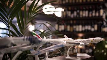 Un modellino di aereo su un supporto in una stanza con una libreria sullo sfondo.