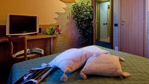 A hotel room with a bed, a television, a desk with a computer, and a potted plant. - Hotel Tre Leoni (Somma Lombardo)