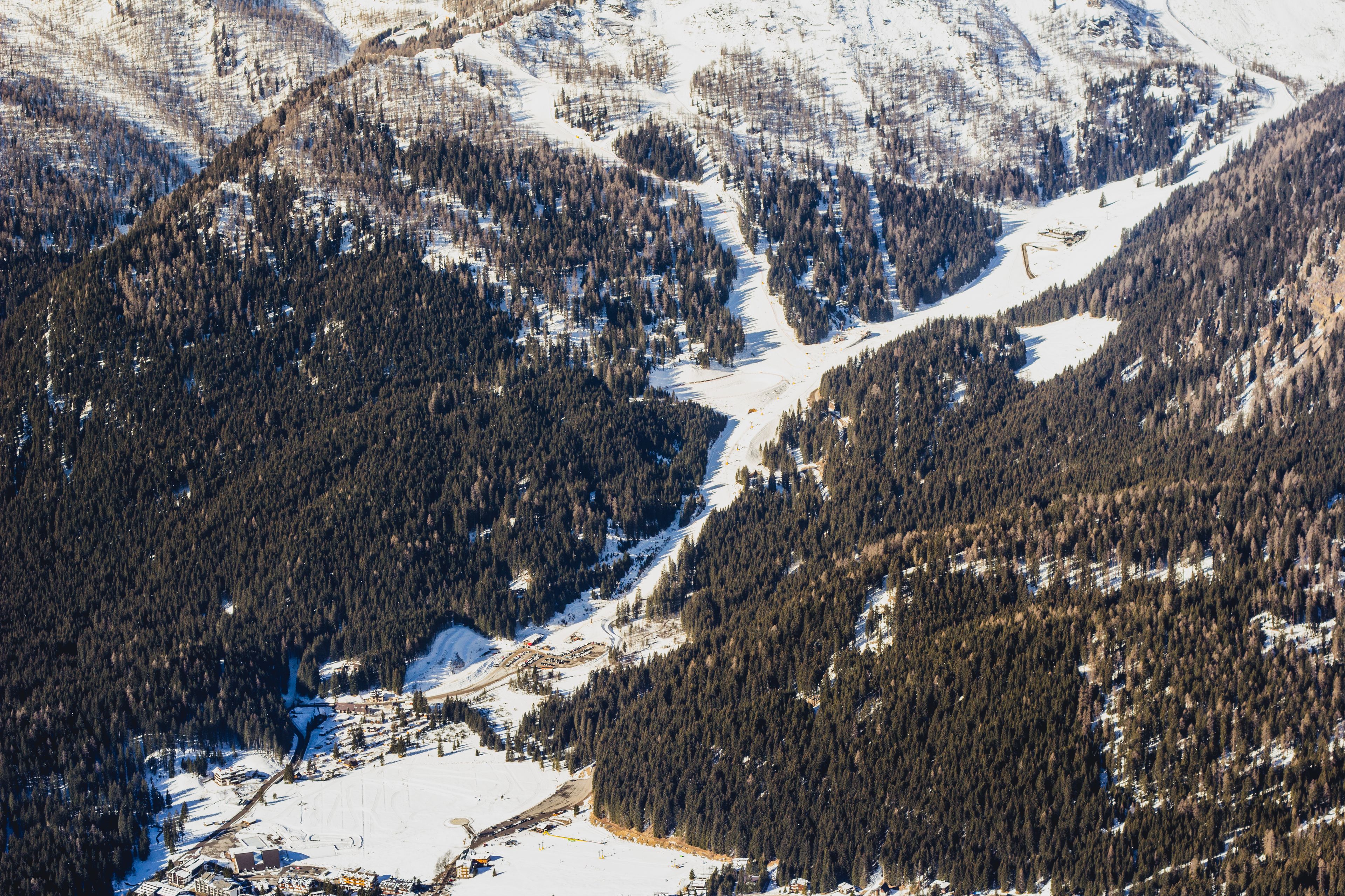 Un paysage montagneux caractérisé par de vastes forêts et des pentes enneigées.