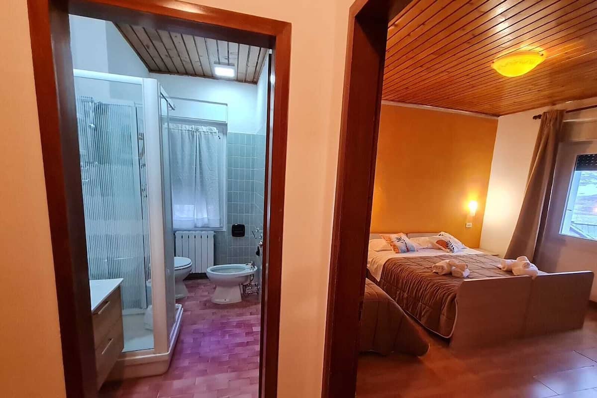 Een slaapkamer met een bed, een raam met gordijnen, een houten plafond en een badkamer met toilet en wastafel.