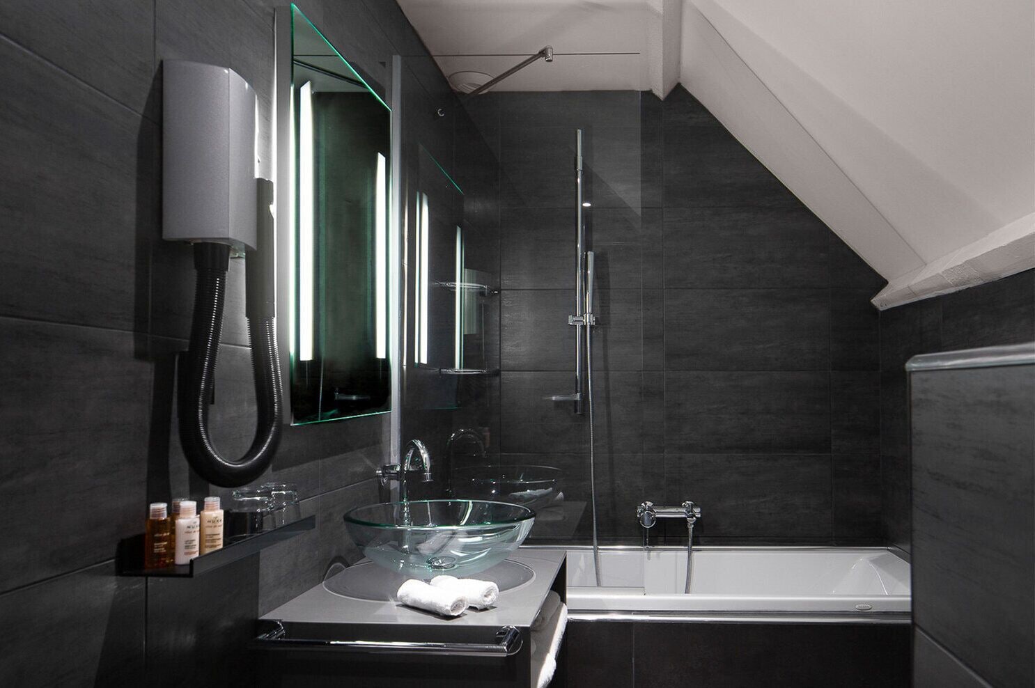 free toiletries, hair dryer, slippers, towels