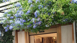 La entrada de un hotel con fachada de madera, un letrero que dice 'Hotel Corallo' y una escalera que conduce al interior.