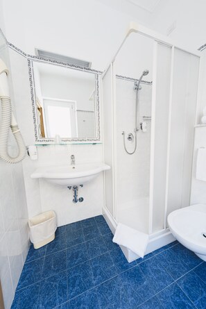 Driepersoonskamer | Badkamer | Een douche, gratis toiletartikelen, een haardroger, een bidet