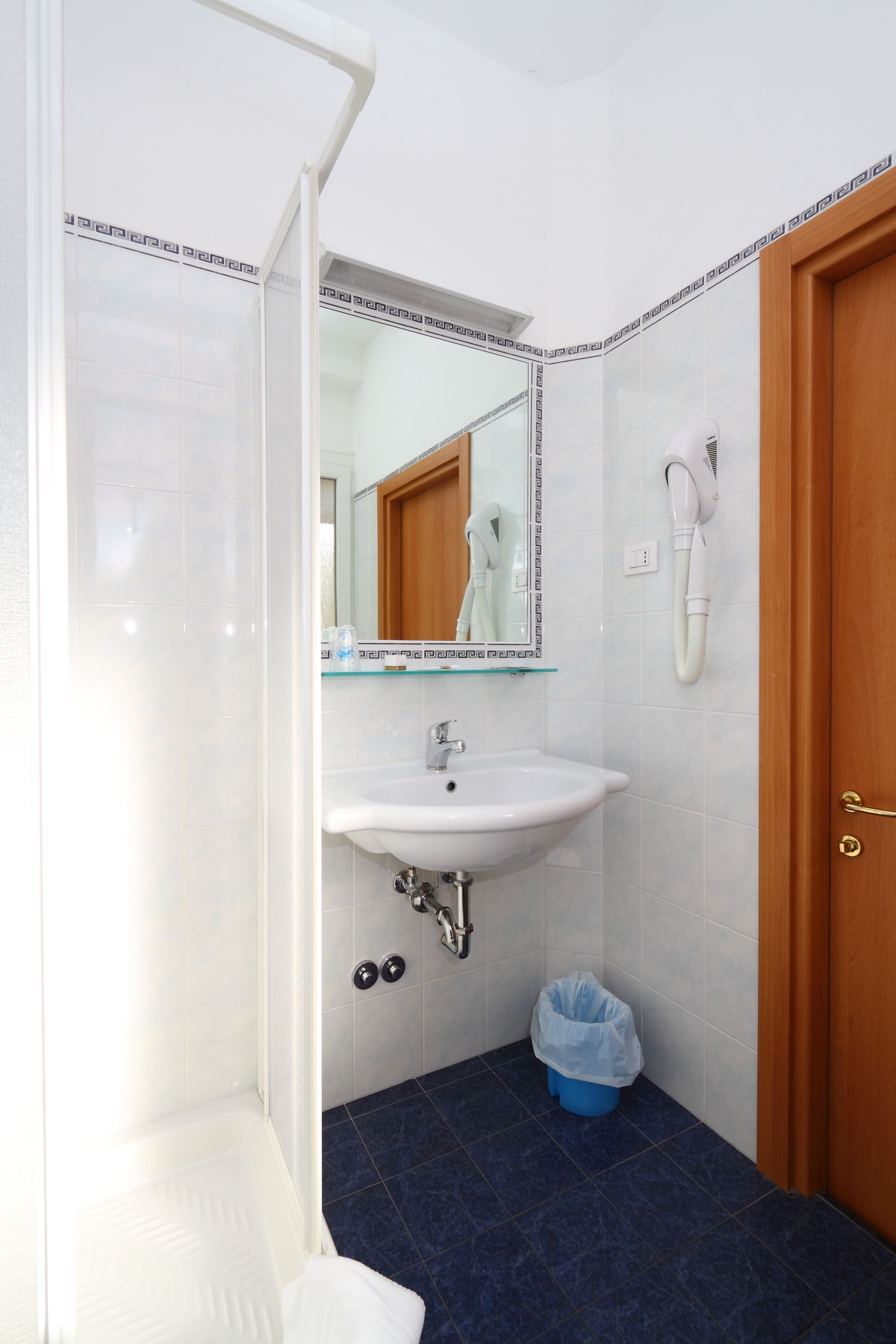 A bathroom with a white sink, a mirror, a hairdryer, and a blue trash bin.