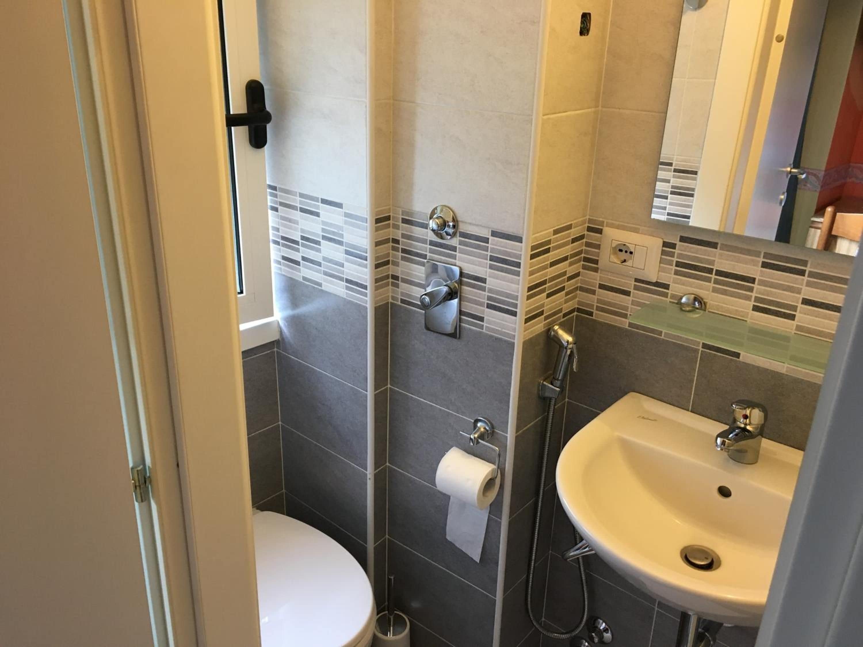 Ein Badezimmer mit Toilette, Waschbecken, Dusche und Spiegel.