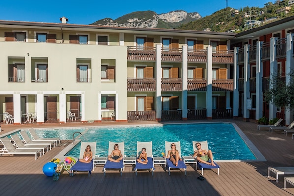 Outdoor pool, pool umbrellas, pool loungers