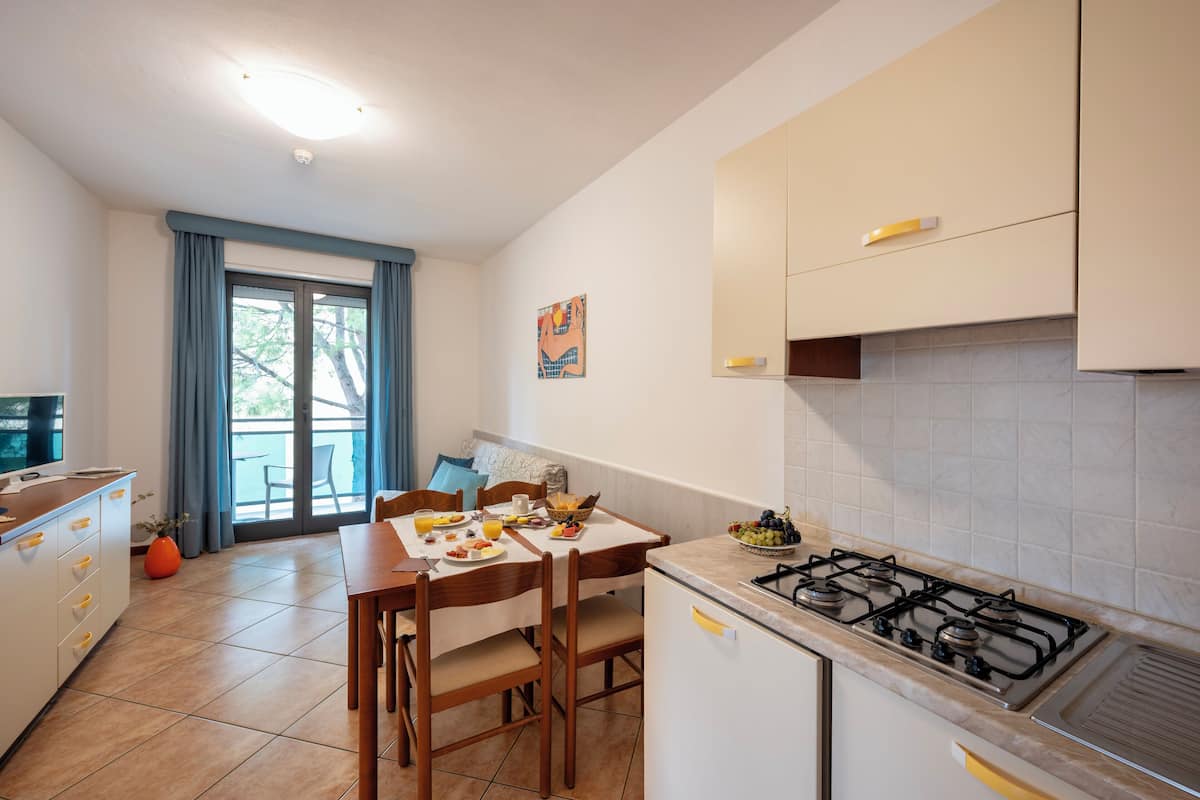 Une cuisine moderne équipée d’une cuisinière à gaz, d’une table à manger avec des chaises, et offrant une vue sur l’extérieur grâce à une porte coulissante.