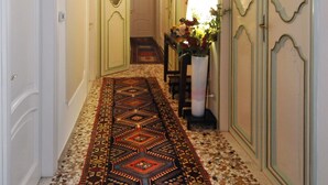 Un pasillo con alfombra estampada, un espejo decorativo y un jarrón con flores.