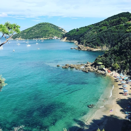 Spiaggia privata, sabbia scura, snorkeling. Viticcio