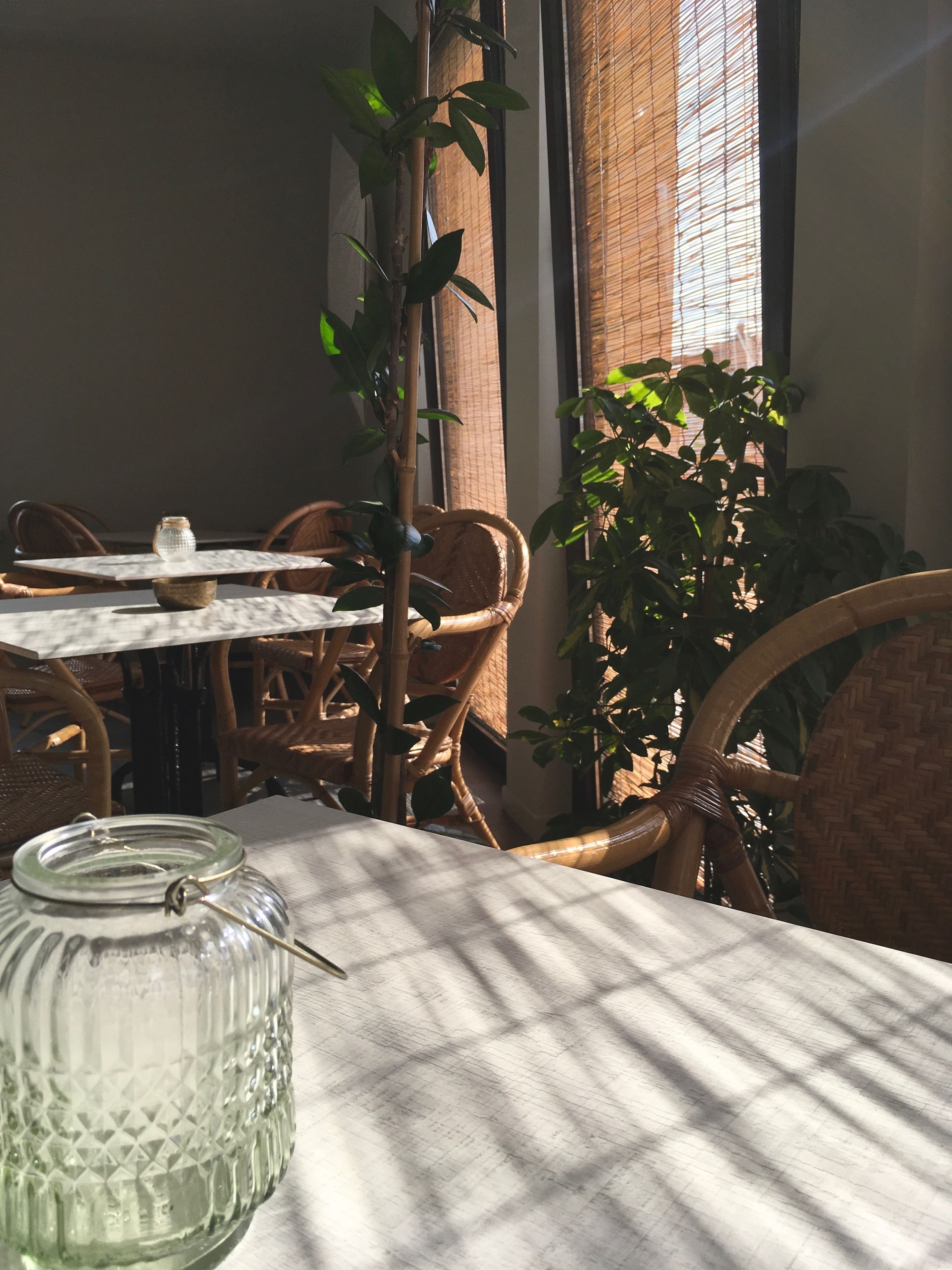 A dining area with a table set for two, surrounded by wicker chairs, a glass jar, and potted plants.