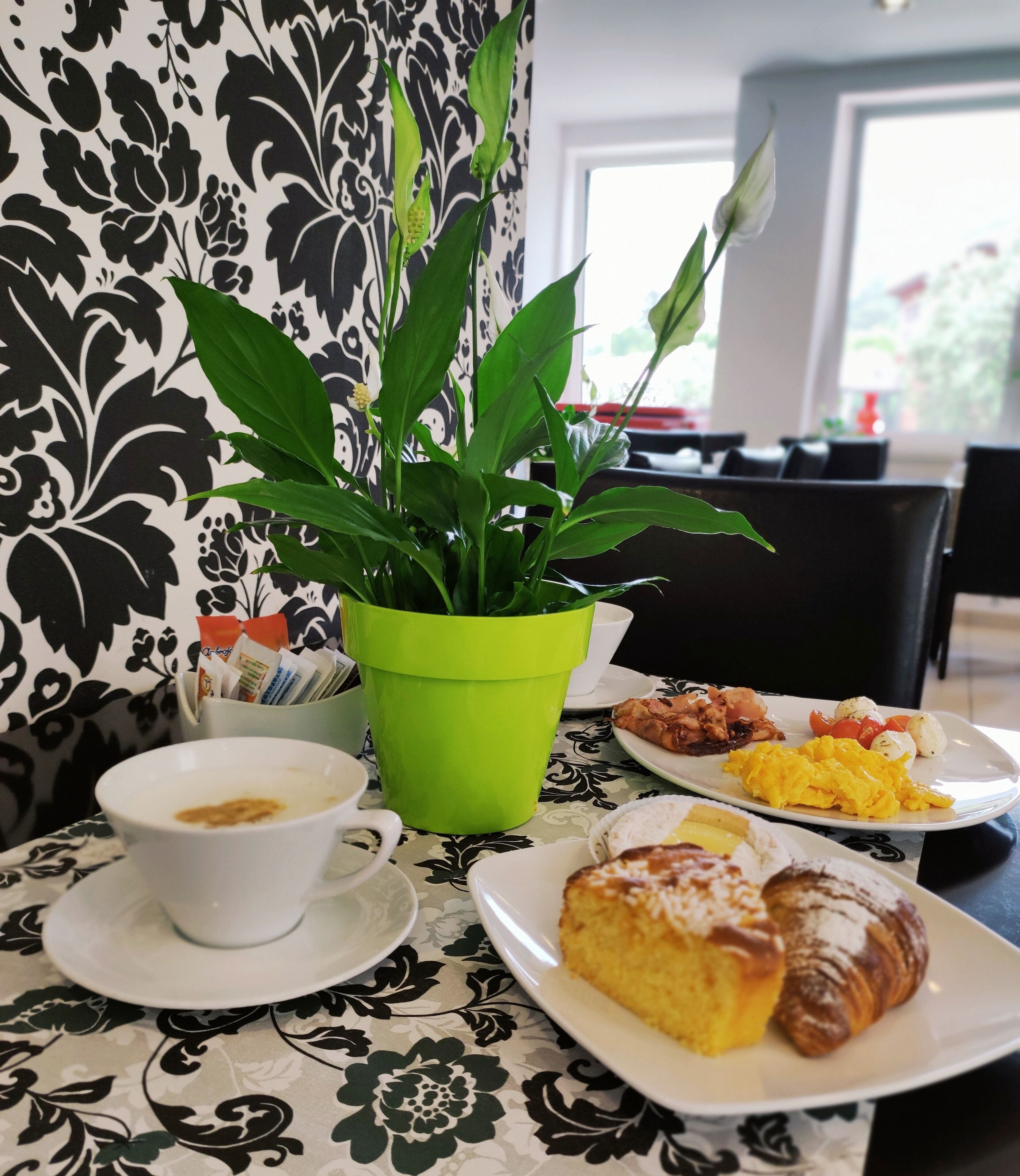 Ein Tisch mit einer blumigen Tischdecke, einer grünen Pflanze im Topf, einer weißen Tasse mit einem Getränk sowie Tellern mit Speisen, darunter Gebäck und Rührei.
