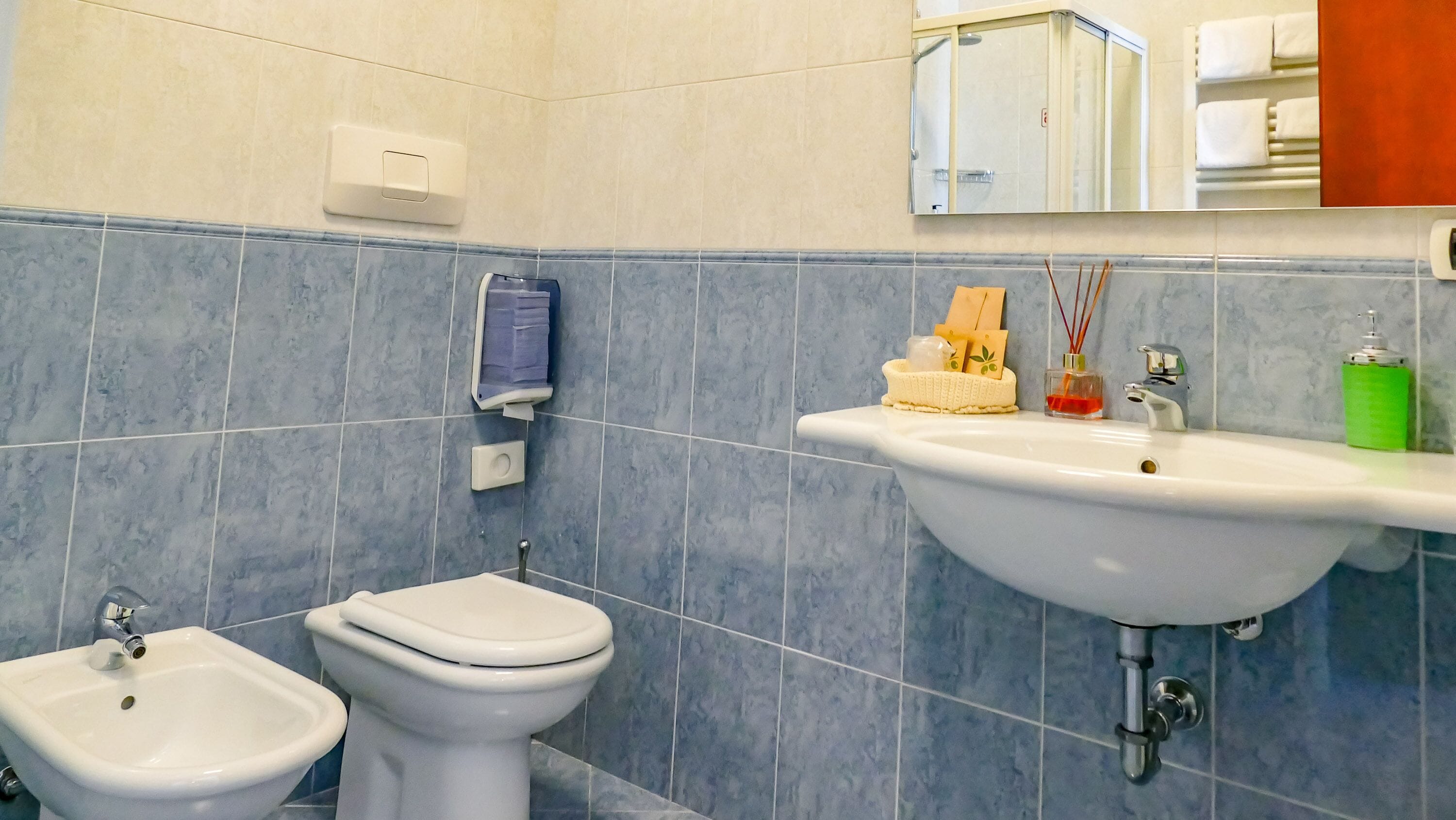 A bathroom with two toilets, a sink, a mirror, and a towel rack.
