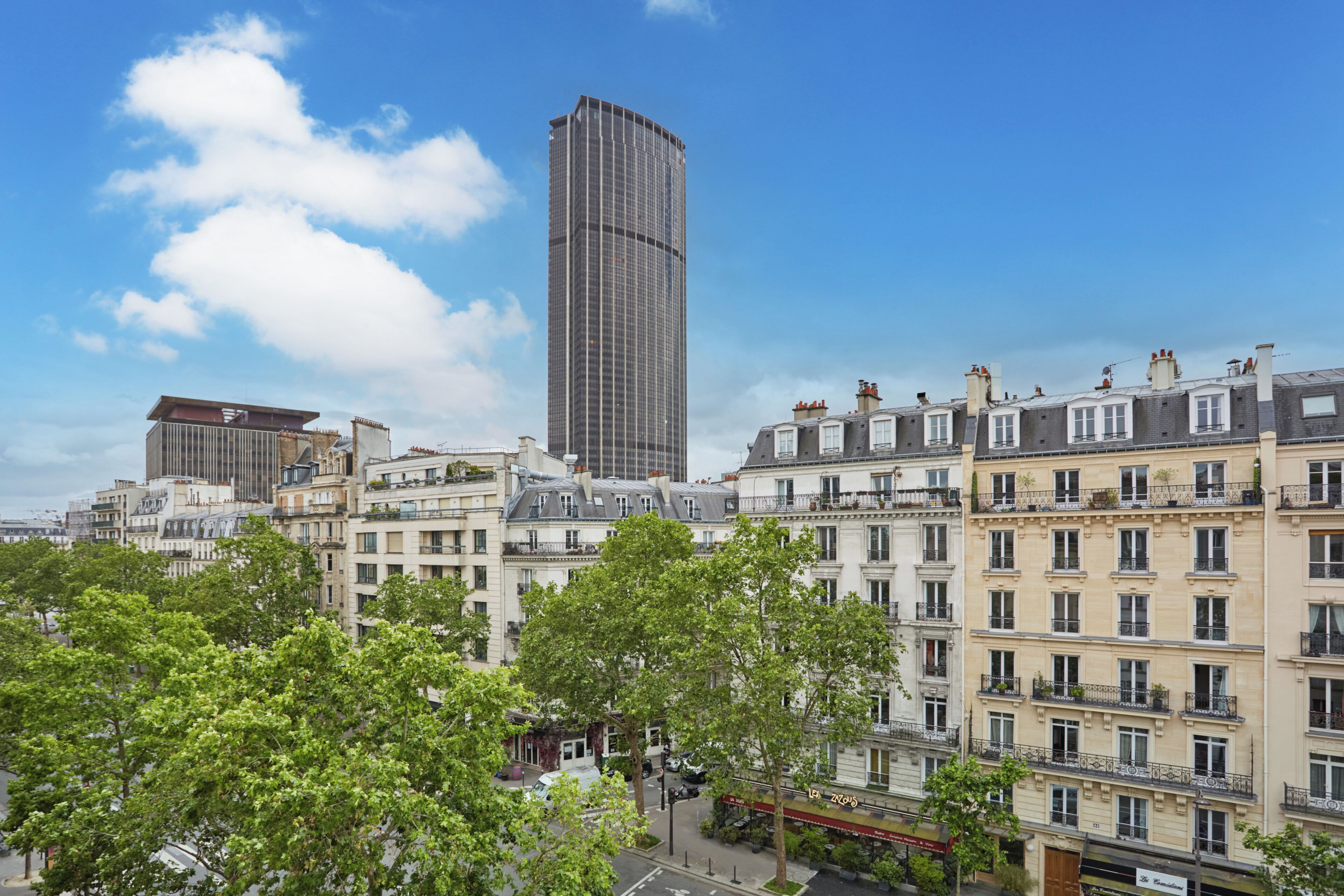 A cityscape with a tall modern building, traditional multi-story buildings, and green trees.