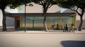 A modern building with a glass facade, a sign reading "LOUGE-BAR-MODERN," and a stroller on the sidewalk. - Hotel Moderno (Jesolo)