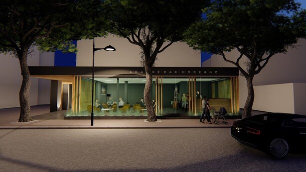 A modern lounge-bar with a glass facade, outdoor seating, and a black car parked nearby. - Hotel Moderno (Jesolo)